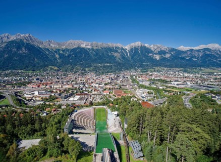 Bergiselschanze, ski jump at Bergisel, view of Innsbruck with the Innsbruck Nordkette, Innsbruck,