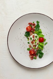 Poached egg, with bacon and vegetables, breakfast, homemade