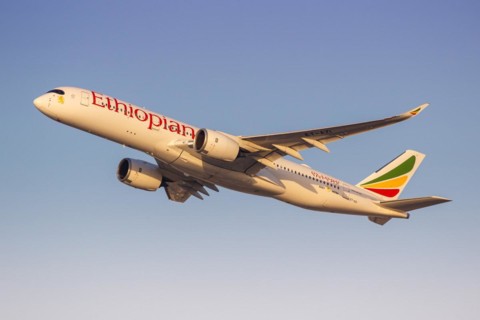 An Ethiopian Airlines Airbus A350-900 aircraft with the registration ET-AZI at the airport in