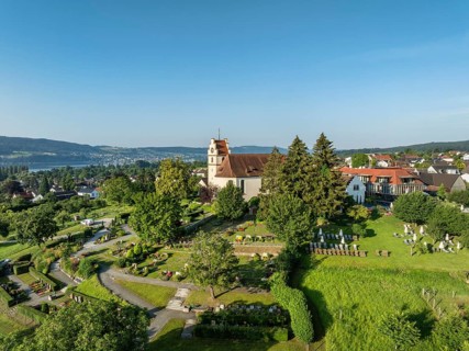 The church of St. Johann and Vitus in Horn on the Höri peninsula, aerial view, Gaienhofen, Lake