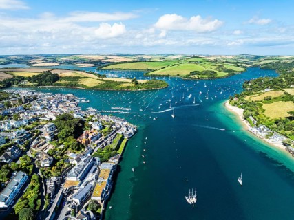Salcombe and Mill Bay over Kingsbridge Estuary from a drone, Batson Creek, Southpool Creek, Devon,