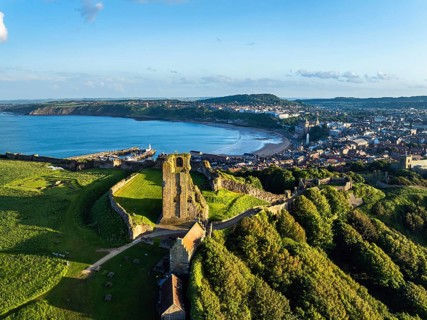 Scarborough Castle from a drone, Scarborough, North Yorkshire, England, United Kingdom, Europe