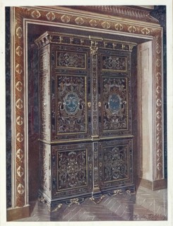 Furniture around the turn of the century 1900, Cabinet in ebony with inlays of engraved brass and
