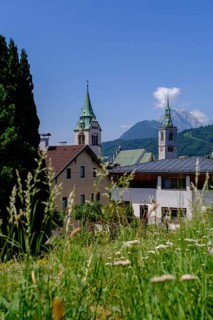 Cemetery tower and tower of the parish church, old town centre, Schwaz, Inntal, Tyrol, Austria,