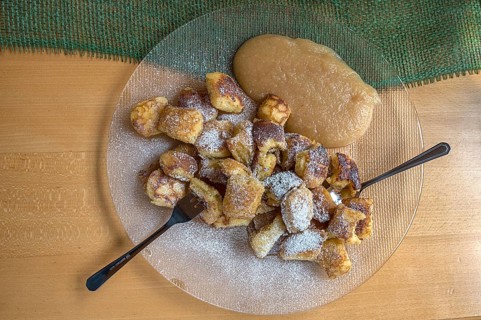 Franconian Kaiserschmarrn with apple sauce served in an inn, Franconia, Bavaria, Germany, Europe