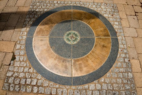 Compass rose mosaic in the ground, surrounded by cobblestones, Schengen, Canton of Remich, Grand