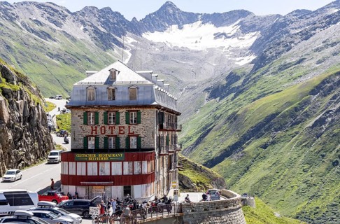 Hotel Belvédère on the Furka, the most famous pass hotel in the world. The building is closed and