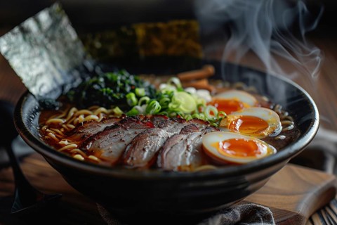 Ramen with miso broth, tender pork slices, soft-boiled eggs, and nori in bowl. Generative Ai, AI
