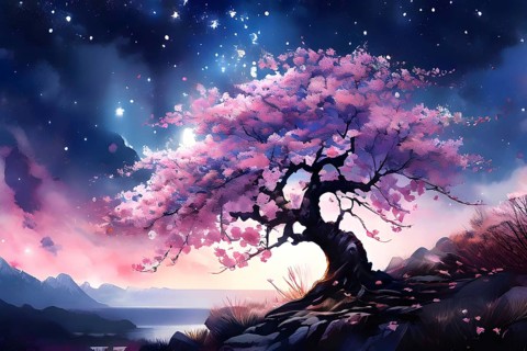 Sakura tree blossoming with pink petals and branches reaching towards a star studded night sky, AI