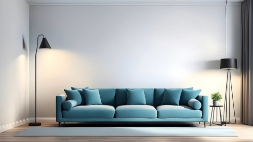 3d rendering of a couch with cushions and a floor lamp, AI generated