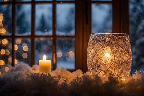 Snow-covered window with frost patterns, candlelight softly glowing through the glass, and warm,