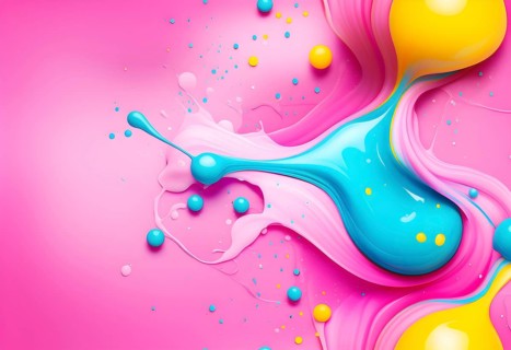 Abstract image with colorful yellow and turquoise blobs and liquid shapes on a pink background, AI