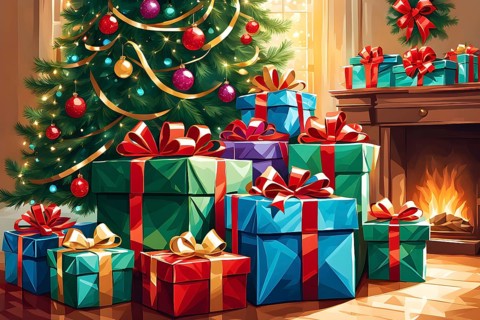 Abstract illustration of wrapped Christmas gifts, shiny ribbons and bows, stacked under a evergreen
