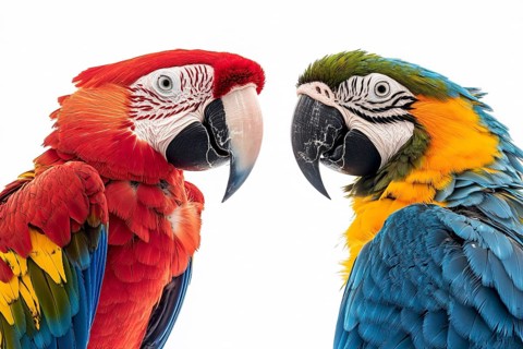 Red and blue Macaw parrot birds on white background. Generative Ai, AI generated