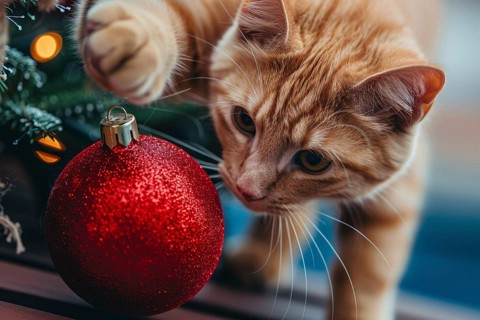 Curious cat playing with red Christmas tree bauble. Generative AI, AI generated