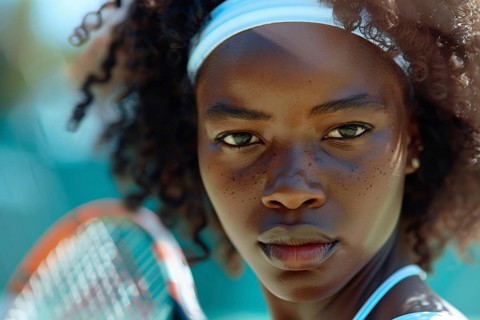 Close up of black woman's face with tennis racket. Generative Ai, AI generated
