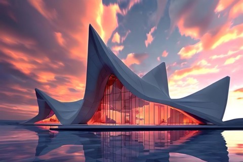 KI generated architectural structure melding computer aided design illustrations with genuine