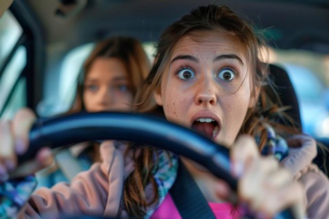 A young woman sits in a car and looks surprised, startled, symbolic image, distraction in road