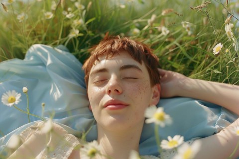 Teenager, young fair-skinned woman with red hair and freckles lying on a spring meadow and basking