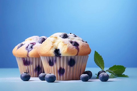 Blueberry muffins on blue background. KI generiert, generiert AI generated
