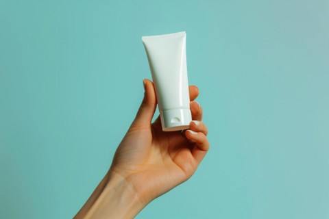 Close up of wind mill turbine covered in ic ein winterWoman's hand holding white cream tube in