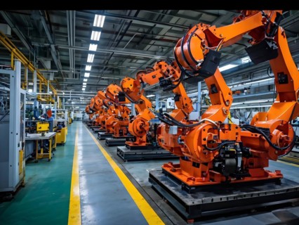 AI generated automotive assembly line in car manufacturing progression with automated machines