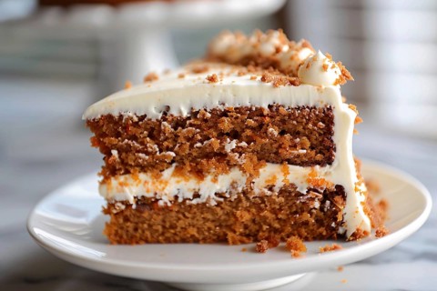 Slice of layered carrot cream cake on plate. Generative Ai, AI generated