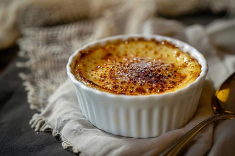 Creme Brulee dessert in white cremaic ramekin. Generative Ai, AI generated