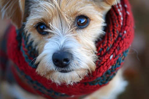 Close up of dog wrapped in warm knitted winter scarf. Generative AI, AI generated