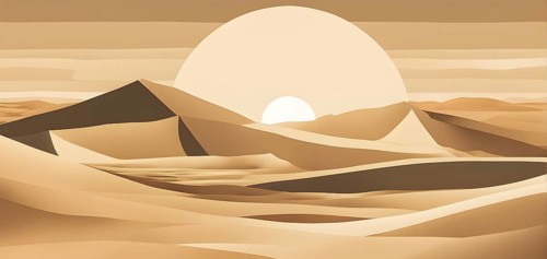 Abstract desert scene with triangular sand dunes and a single circular sun, using sharp lines and