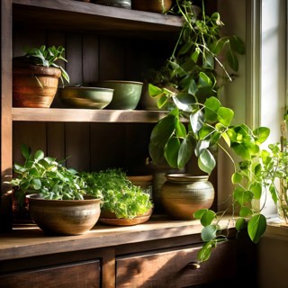 A sunlit kitchen corner, with a rustic wooden shelf holding neatly arranged ceramic bowls and a