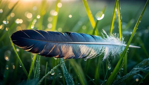 A lone feather resting gently on a dew-covered grassy field, with soft morning light illuminating
