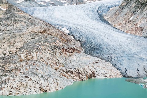 Rhone glacier, valley glacier in the headwaters of the Rhone in the Swiss Alps. Melting glacier,