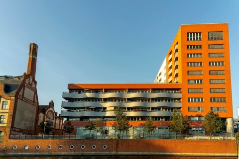 Residential buildings along Holzmarktstraße in Friedrichshain-Kreuzberg, view from the Spree,