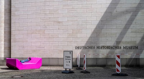 Plastic furniture in pink in front of the German Historical Museum, Berlin, Germany, Europe