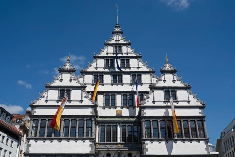 Town Hall on Rathausplatz, Weser Renaissance, Paderborn, Westphalia, North Rhine-Westphalia,