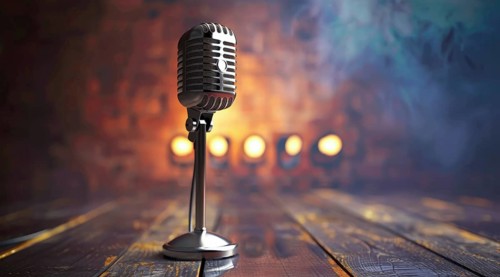 Microphone retro style, entertainment or rock concert. Concept of unique and lonely voice, AI