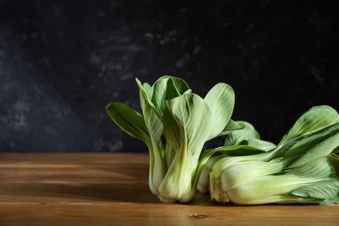 Fresh green bok choy or pac choi chinese cabbage on a gray wooden background. Hard light, contrast,