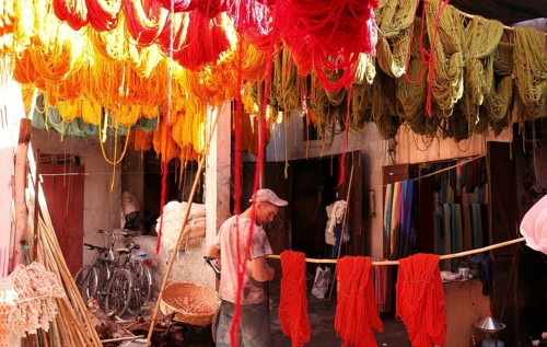 In the dyers' souk of Marrakech, Morocco, Africa