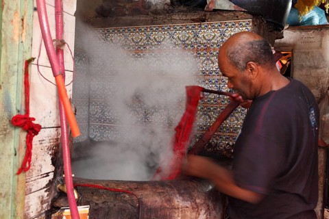 In the dyers' souk in Marrakech, Morocco, Africa