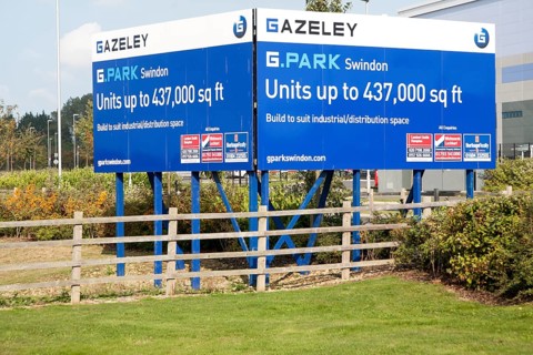 G Park advertising board for industrial units to let by Gazeley property developers, Swindon,