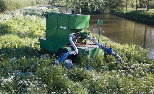 Irrigation water pump machinery on the River Stour at Bures, Essex, England, United Kingdom, Europe