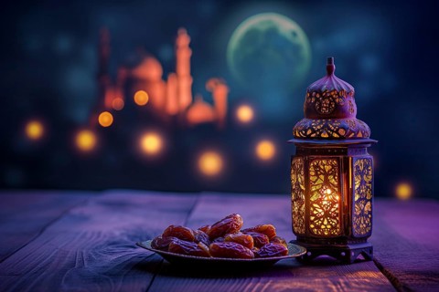 Ramadan lantern with a plate of succulent figs in violet purple tones with mosque and moon, set on