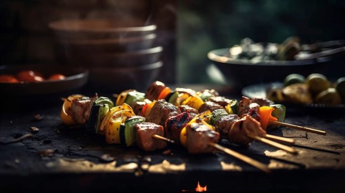 Fresh succulent vegetable and steak kebab on the flame grill, generative AI, AI generated
