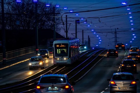 The Blue Ribbon, a light installation along Kurt-Schumacher-Straße, in Gelsenkirchen Schalke, 2.7