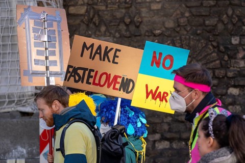 Peace demonstration against the war in Ukraine, instead of the Rose Monday parade in Cologne, with