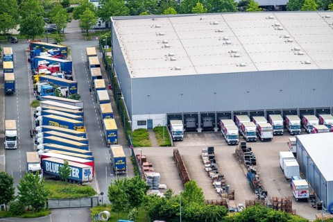 Truck, lorry, logistics company, logistics centre on the former Ewald colliery site in Herne, North