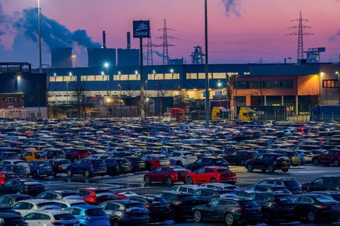 Car terminal in the Logport I inland port in Duisburg on the Rhine, vehicle handling of new cars,