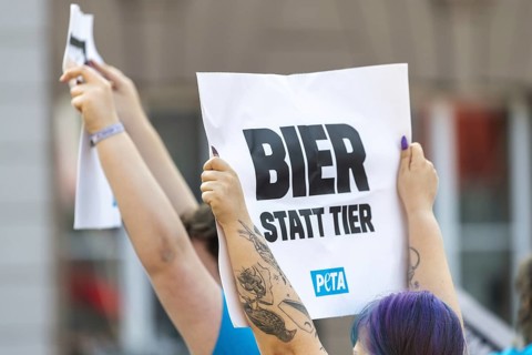 Protesting members of PETA, Germany's largest animal rights organisation, Fishermen's Day in