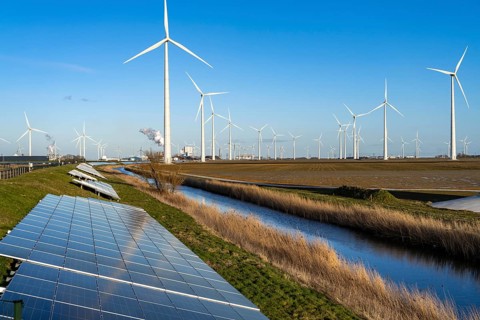 Solar park on the Slaperdijk dyke near the Eemshaven, test project, 17, 000 solar modules were